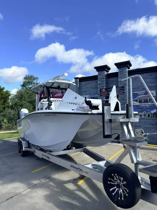 Center console boat on a trailer after detailing in Houma, LA