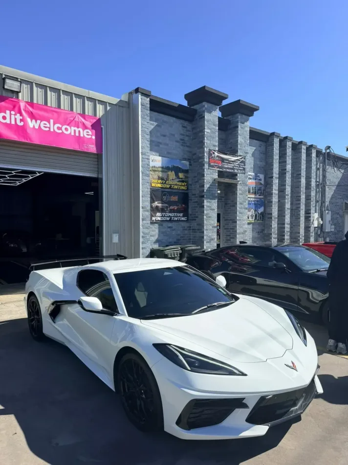 White Corvette outside South Side Detail And Tint, the local shop for window tinting and detailing in Houma, LA