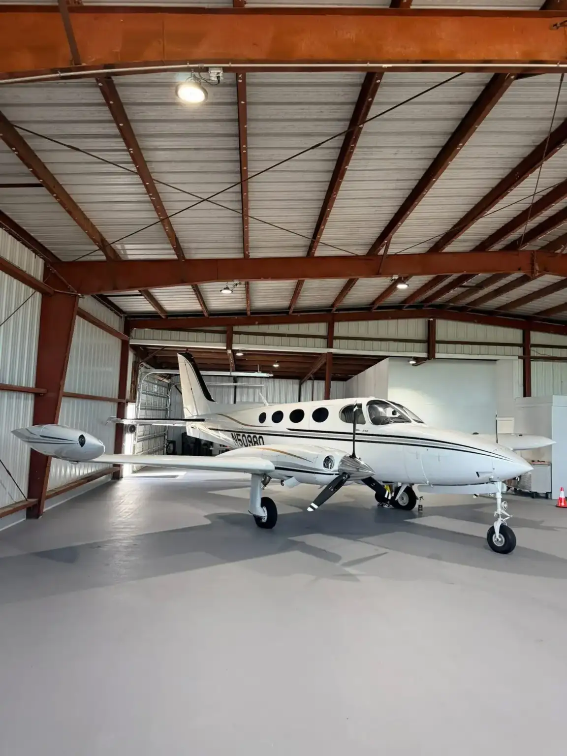 Private twin plane in a hangar after aircraft detailing in Houma, LA