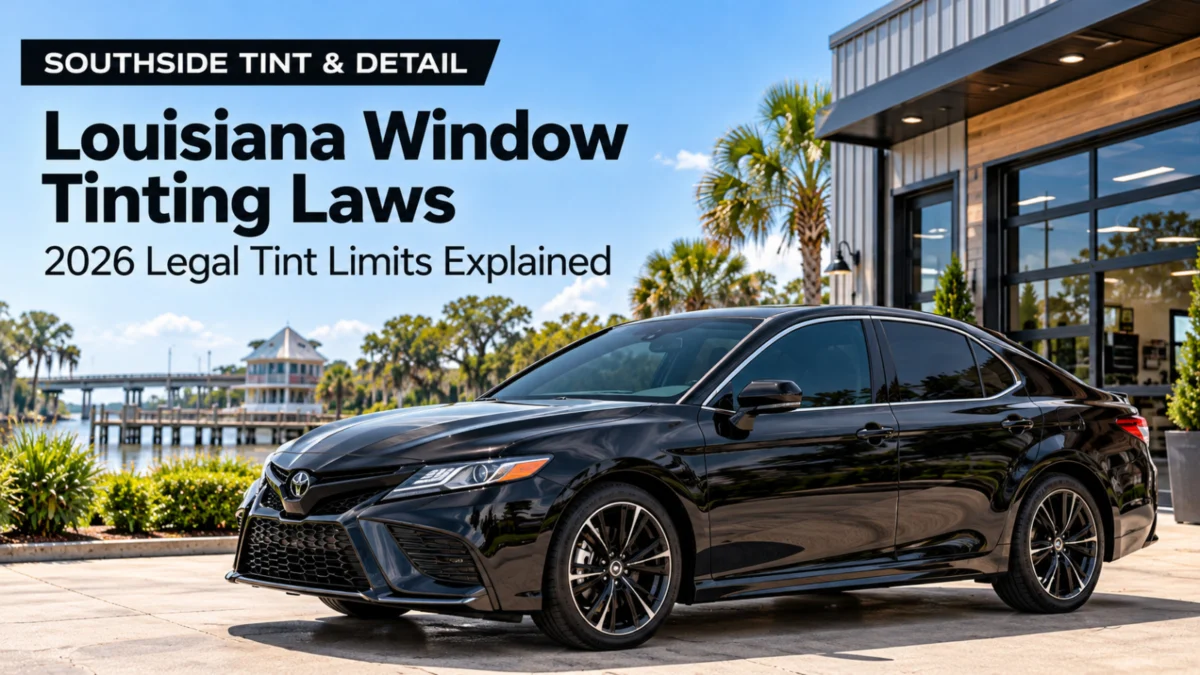 Black Toyota Camry sedan with tinted windows outside a Houma, LA tint shop, Louisiana window tinting laws and 2026 legal tint limits